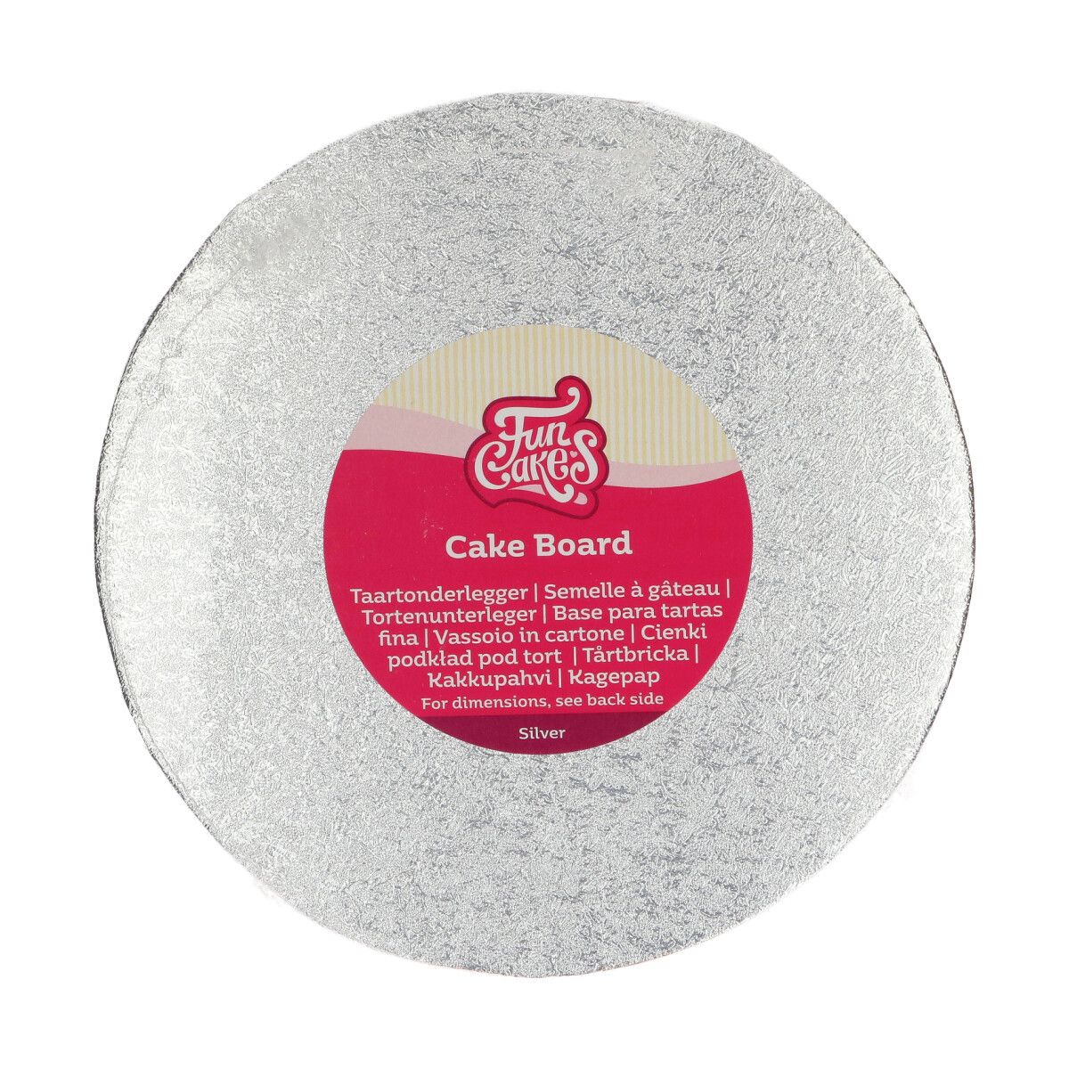 Rond zilveren cake board van 22,5 cm met stevige afwerking, geschikt als onderlegger voor taarten en koekjes.