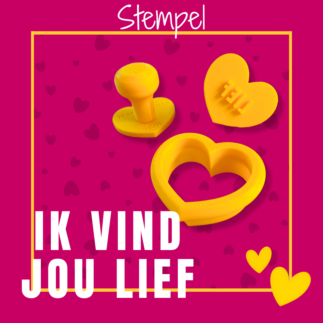 Koekjesstempel Ik vind jou lief in hartvorm voor fondant en royal icing koekjes met romantische tekst