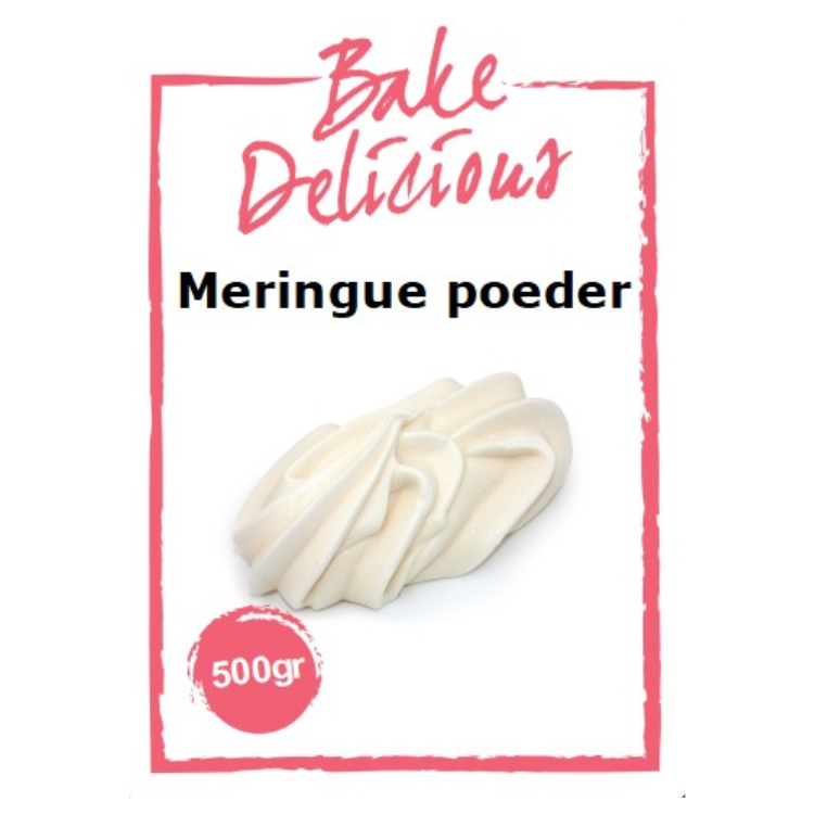 Bake Delicious Meringue Poeder 500 gram in witte verpakking met witte meringue swirl