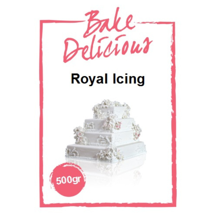 Bake Delicious Royal Icing mix 500 gram in witte verpakking met gedecoreerde taart