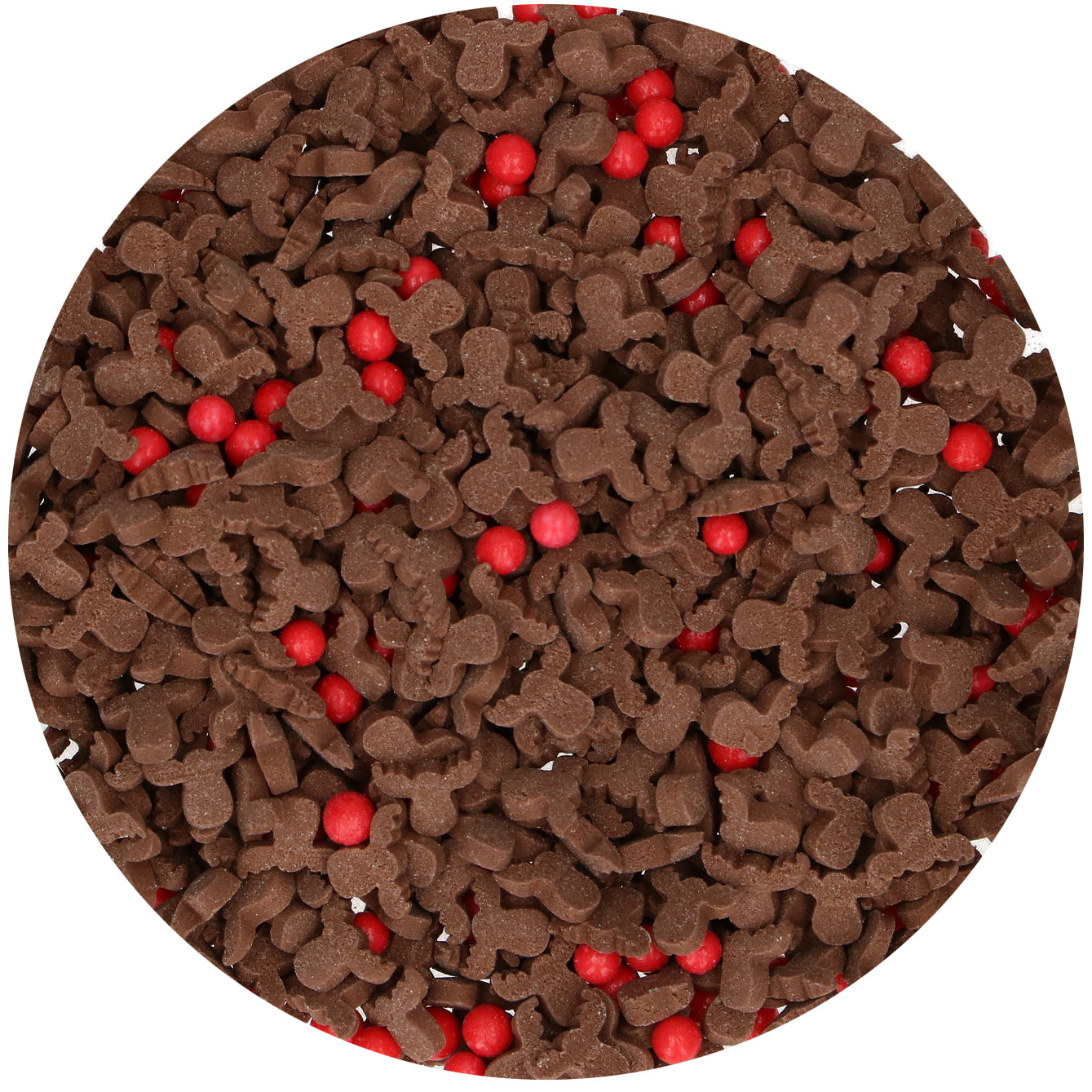 FunCakes Rendier Mix sprinkles van dichtbij: bruine rendiertjes en rode stipjes voor kerstkoekjes