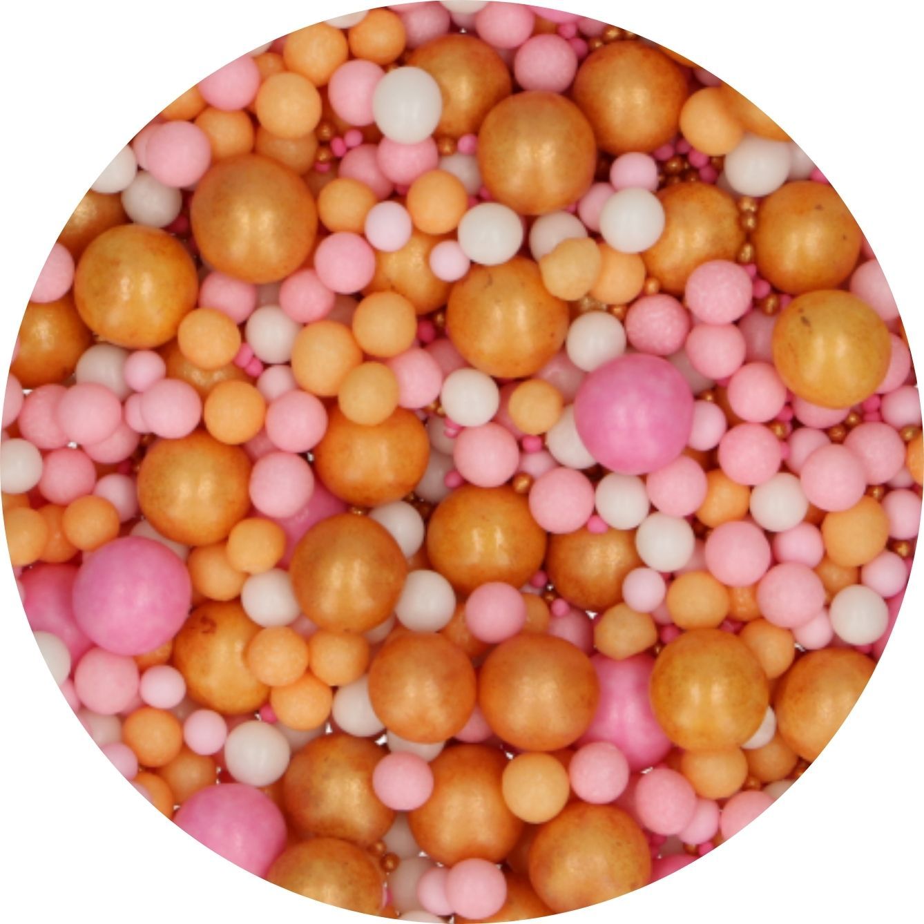 Close-up van de FunCakes Soft Pearl Mix Summer Sunset met oranje, roze en witte suikerparels in verschillende maten, perfect voor zomerse koekjes decoreren