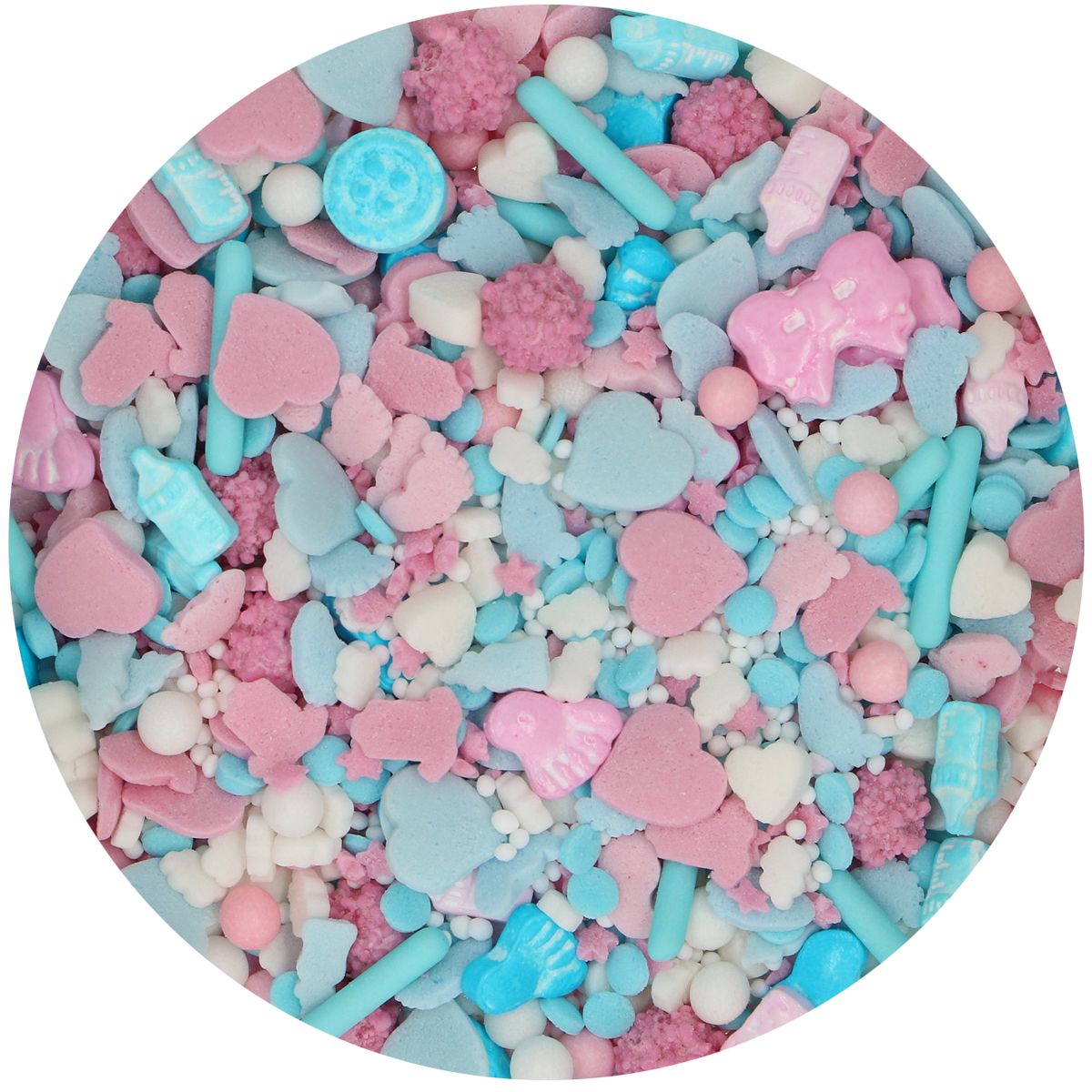 Close-up van de FunCakes Baby Bliss sprinkle mix met roze en blauwe beertjes, hartjes, flesjes en suikerparels, perfect voor babyshower koekjes decoreren