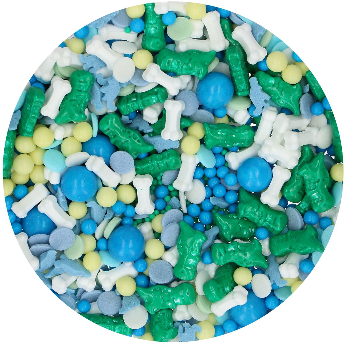 Kleurrijke mix van groene dinosaurussen, witte botjes en suikerparels uit de FunCakes Dino Dream sprinkle medley, leuk voor het decoreren van koekjes