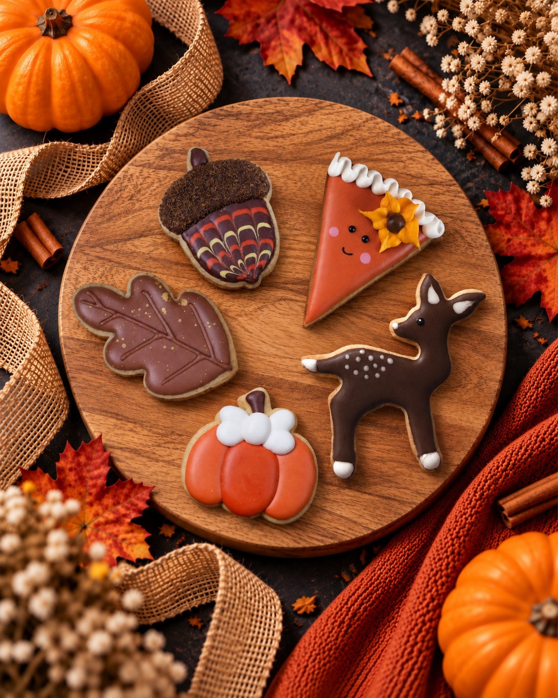 Vijf herfstkoekjes met royal icing op een houten plank: eikel, pompoentaartje met gezichtje, hertje, eikenblad en pompoen met strik