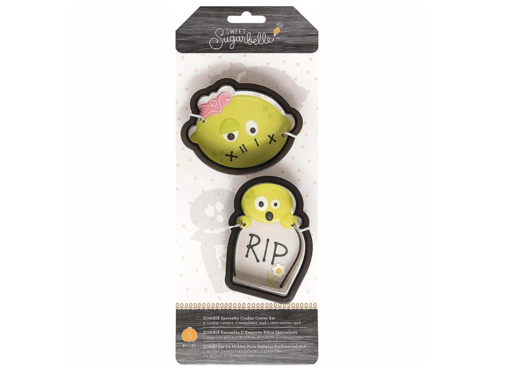 Sweet Sugarbelle zombie-uitstekerset met een zombie en een grafsteen, sjablonen en instructiekaart voor Halloween-koekjes