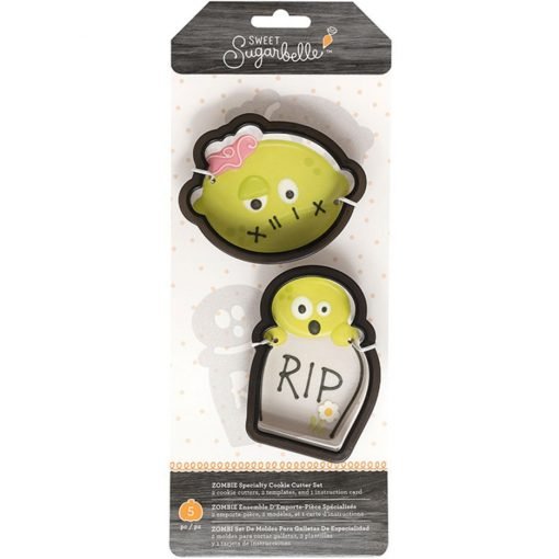 Sweet Sugarbelle zombie-uitstekerset met een zombie en een grafsteen, sjablonen en instructiekaart voor Halloween-koekjes