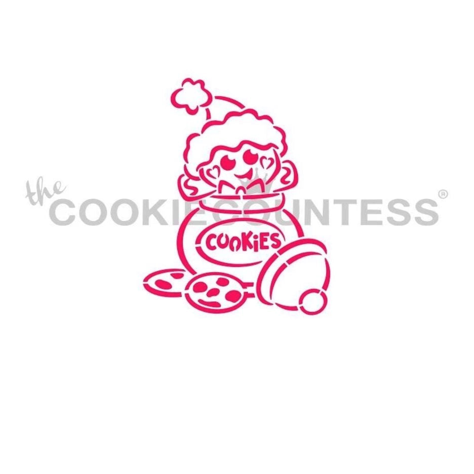 The Cookie Countess Cookie Jar Gingerbread stencil ontwerp met schattig gingerbread mannetje dat een koektrommel met Cookies tekst vasthoudt, perfect voor het decoreren van kerstkoekjes met airbrush of royal icing