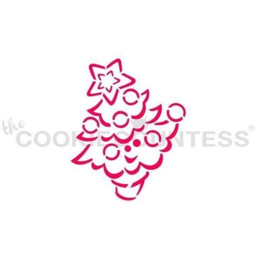 The Cookie Countess Cute Christmas Tree PYO Paint Your Own stencil ontwerp met schattige kerstboom versierd met ronde kerstballen, sterren en een ster op de top, leuk kerststencil om zelf in te kleuren op koekjes met eetbare verf