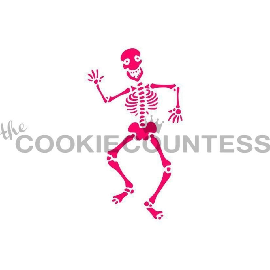 The Cookie Countess Dancing Skeleton stencil ontwerp met vrolijk dansend skelet, ideaal voor het decoreren van Halloween koekjes met airbrush of royal icing
