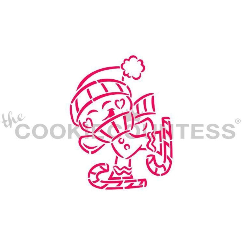 The Cookie Countess Gingerbread Ice Skating stencil ontwerp met schattig gingerbread mannetje op schaatsen met sjaal en muts, perfect voor het decoreren van kerstkoekjes met airbrush of royal icing