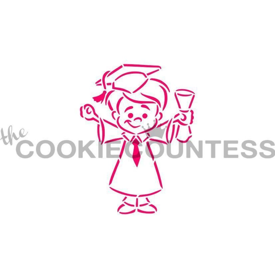 Graduate Boy PYO stencil van The Cookie Countess met afgestudeerde jongen voor paint your own koekjes