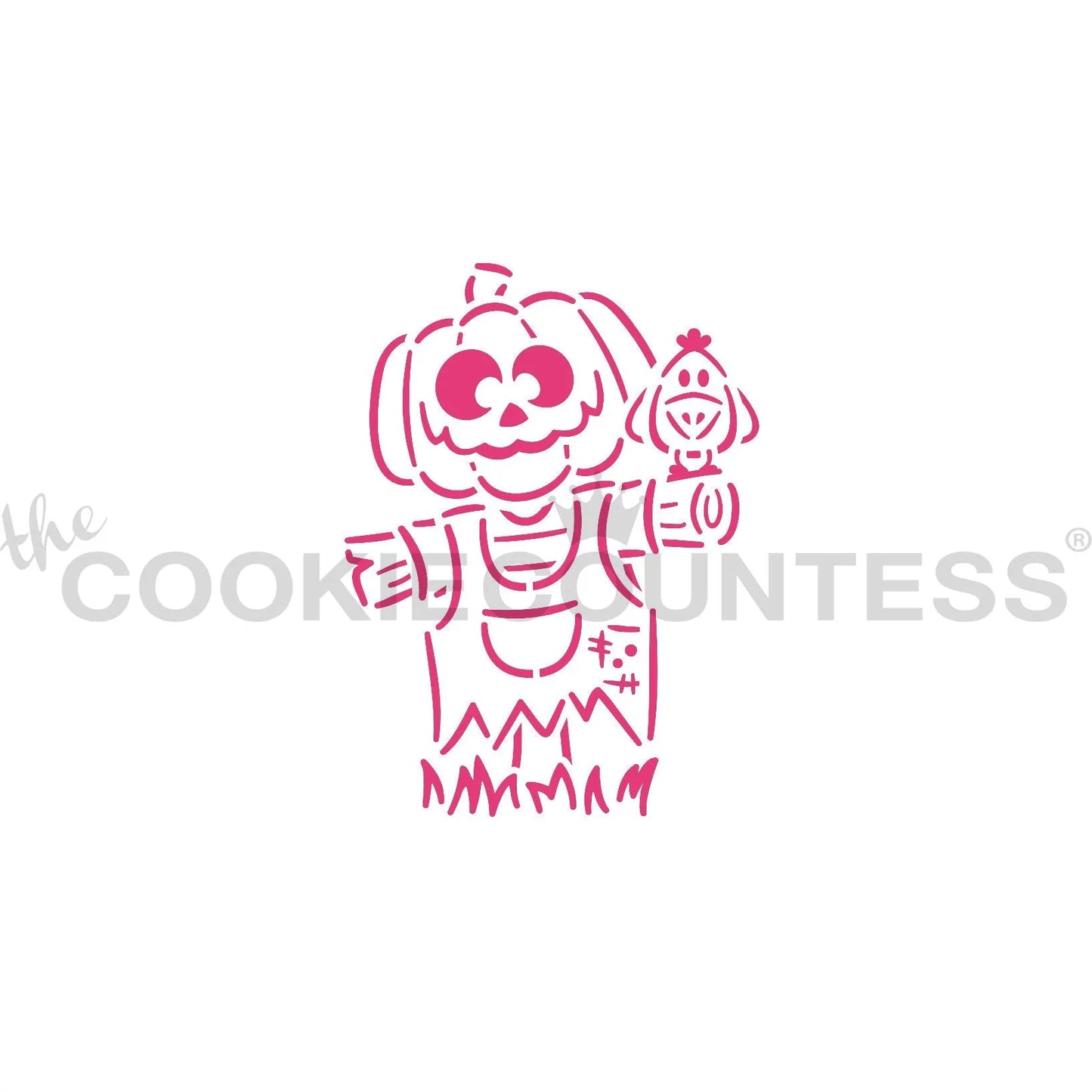 The Cookie Countess Jack the Scarecrow PYO Paint Your Own stencil ontwerp met schattige vogelverschrikker met pompoenhoofd en vogeltje, halloweenstencil om zelf in te kleuren op koekjes met eetbare verf