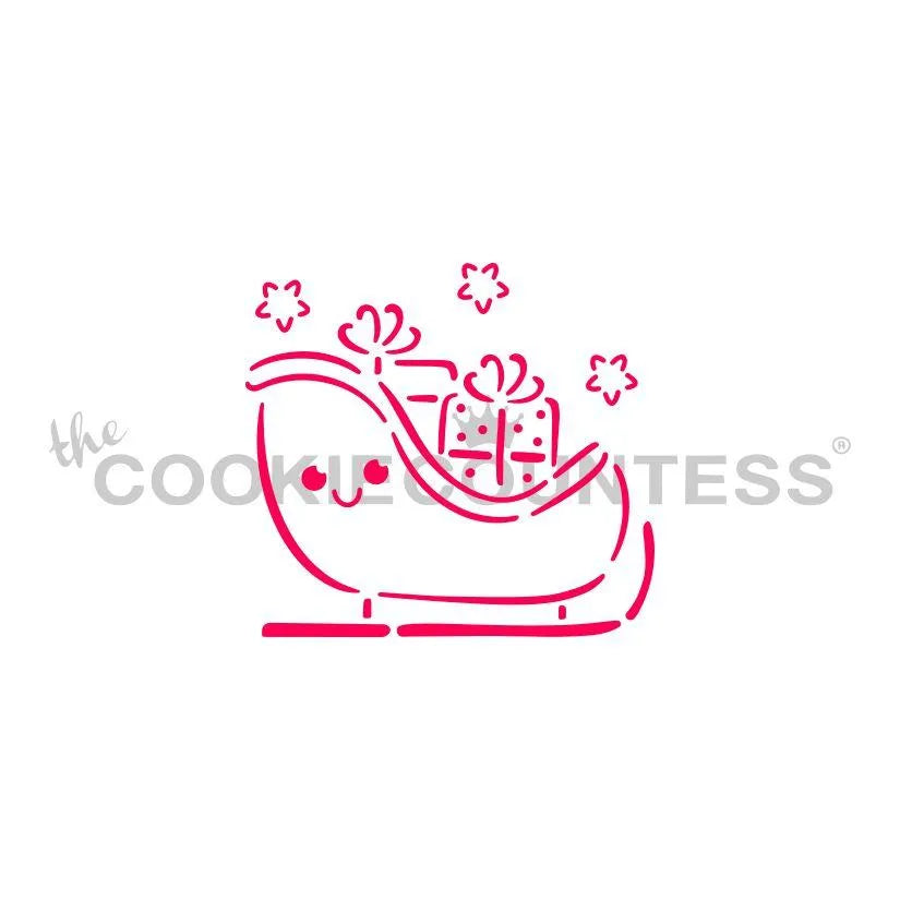 The Cookie Countess Smiling Sleigh PYO Paint Your Own stencil ontwerp met lachende kerstman arrenslee vol cadeautjes, leuk kerststencil om zelf in te kleuren op koekjes met eetbare verf