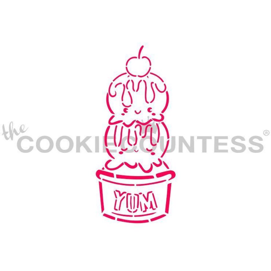 Yum Ice Cream PYO stencil van The Cookie Countess met ijsje-ontwerp en bijpassende uitsteker