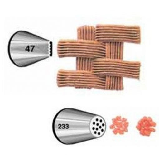Wilton Decorating Tip Set met spuitmond #47 basket weave en #233 multi-opening voor graseffect, met voorbeelden van spuitresultaten voor koekjes decoreren