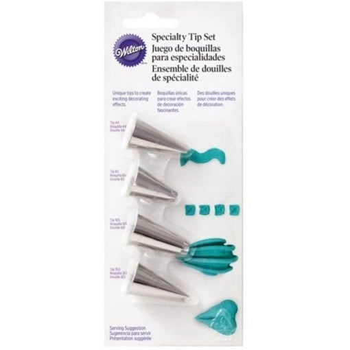 Wilton Specialty Tip Set met 4 speciale spuitmondjes (#44, #83, #105, #353) op verpakkingskaart met voorbeelden van unieke decoratie-effecten voor koekjes en taarten