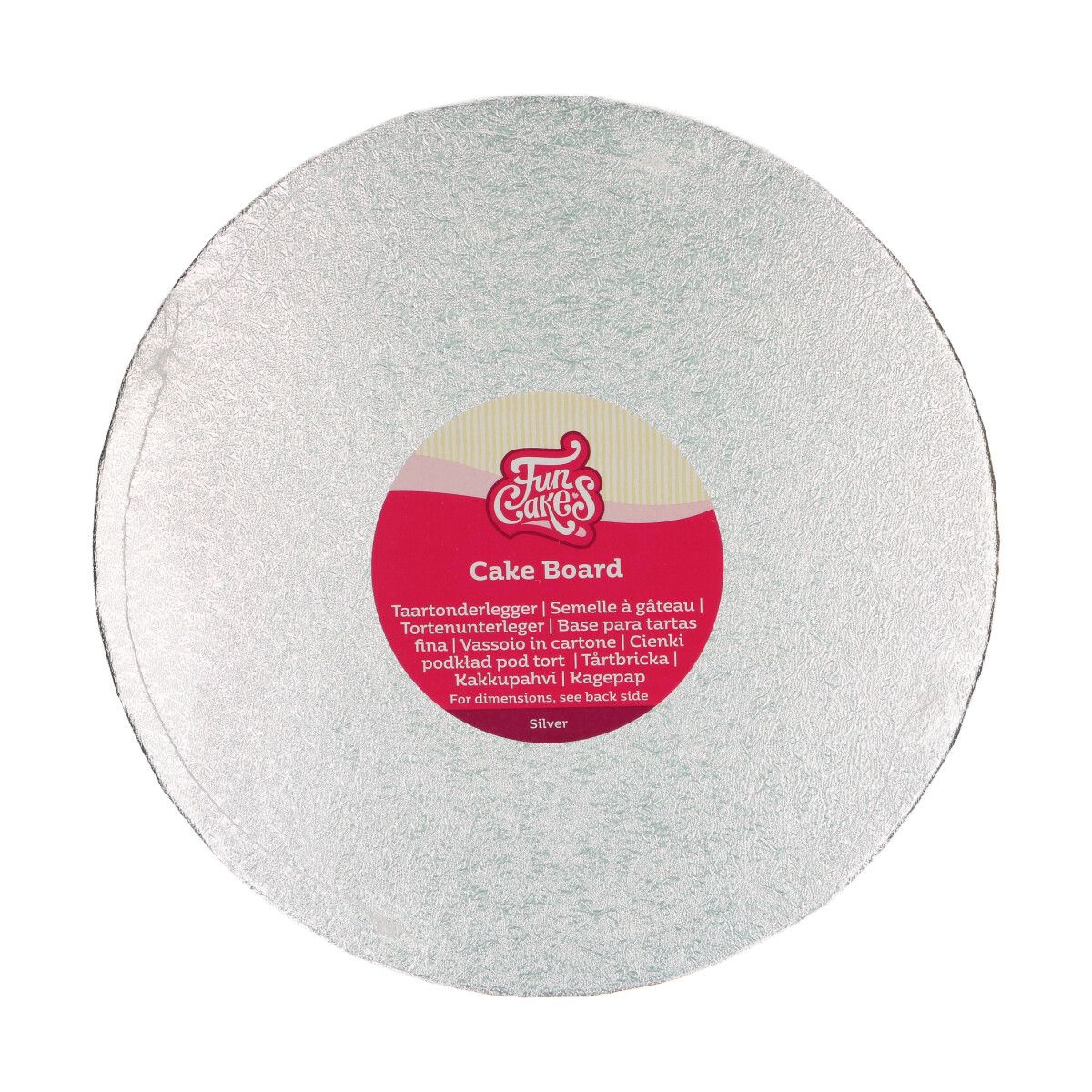 Rond zilveren FunCakes cake board van 25 cm, dunne onderlegger voor taart of koekjesproject