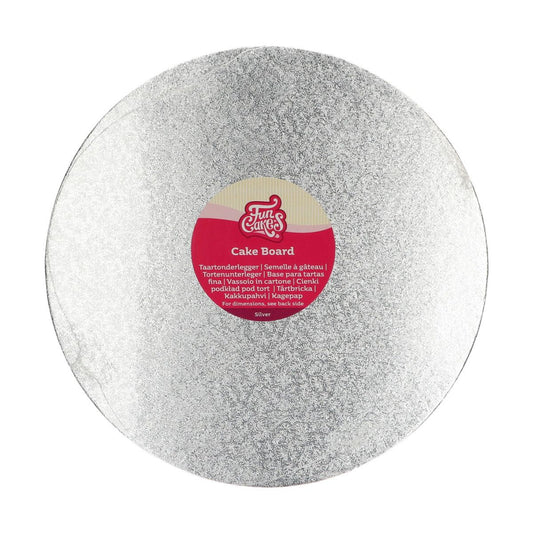 Rond zilverkleurig cake board van 30,5 cm met stevige afwerking, ideaal als onderlegger voor grote taarten of 3D koekjescreaties
