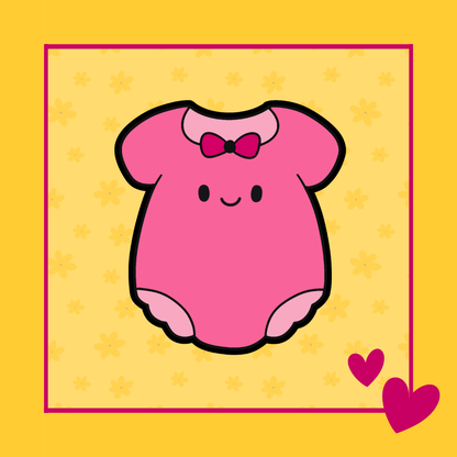 Illustratie van een roze chubby rompertje met strik die dient als voorbeeld voor de romper koekjesuitsteker