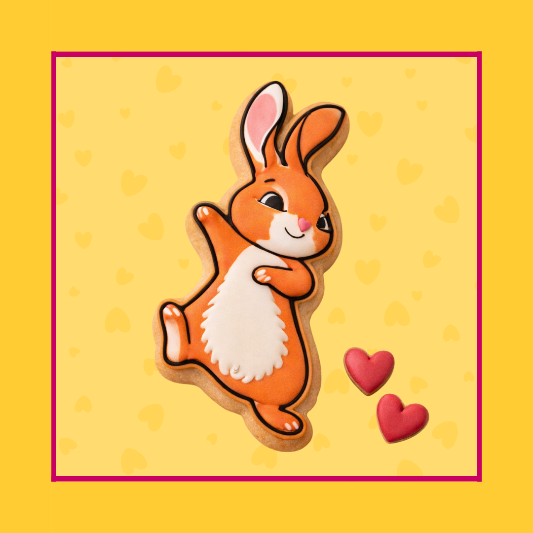 Dancing Bunny koekje versierd met royal icing als voorbeeld van de uitsteker