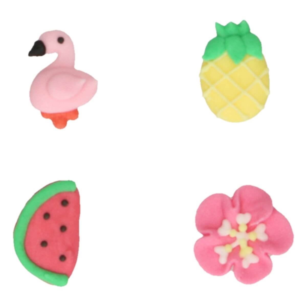 Eetbare FunCakes tropical decoraties van dichtbij: flamingo, ananas, watermeloen en bloem