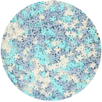 FunCakes mini sneeuwvlokjes van dichtbij, witte en blauwe suikersneeuwvlokjes