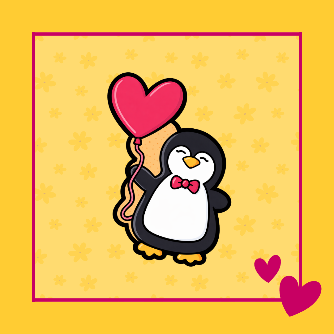 Koekjes uitsteker pinguïn met hart ballon en strikje