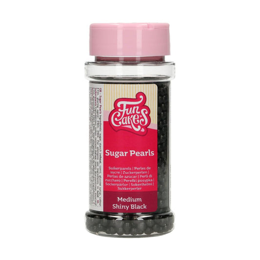 Potje FunCakes suikerparels medium zwart met roze dop, eetbare glanzende parels van 4 mm voor taartdecoratie