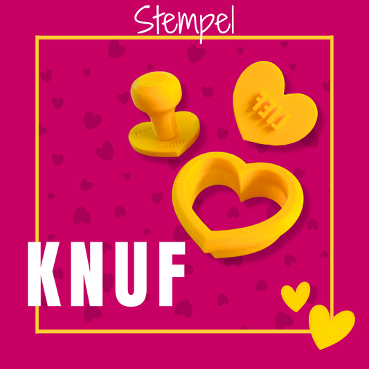 Koekjesstempel met tekst Knuf in hartvorm voor het maken van fondant en royal icing koekjes met een lieve afdruk