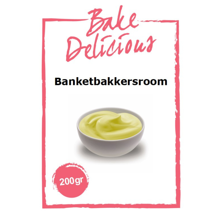 Bake Delicious Banketbakkersroom mix 200 gram in witte verpakking met kom gele room