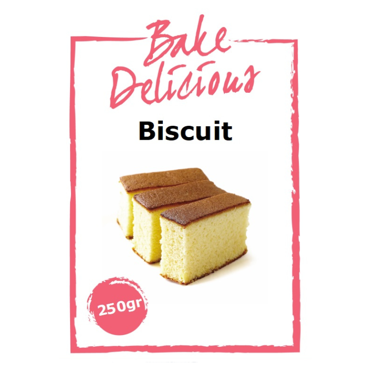 Bake Delicious Biscuitmix 250 gram in witte verpakking met drie plakken luchtig biscuit