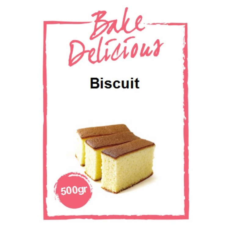 Bake Delicious Biscuitmix 500 gram in witte verpakking met drie plakken luchtig biscuit