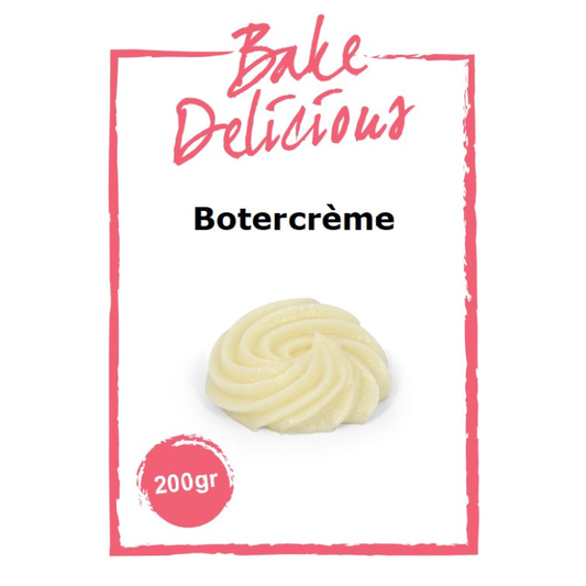 Bake Delicious Botercrème mix 200 gram in witte verpakking met spiraal toef botercrème