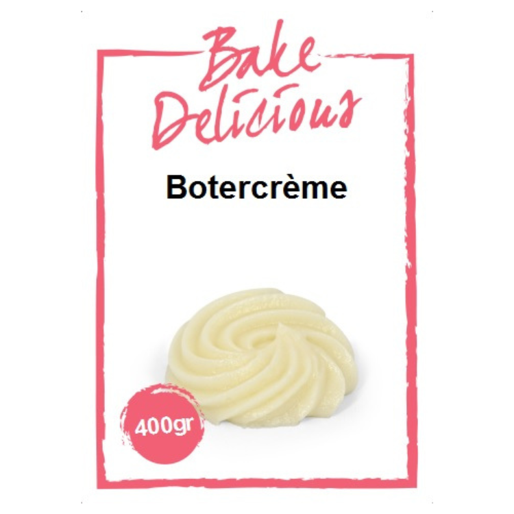 Bake Delicious Botercrème mix 400 gram in witte verpakking met spiraal toef botercrème