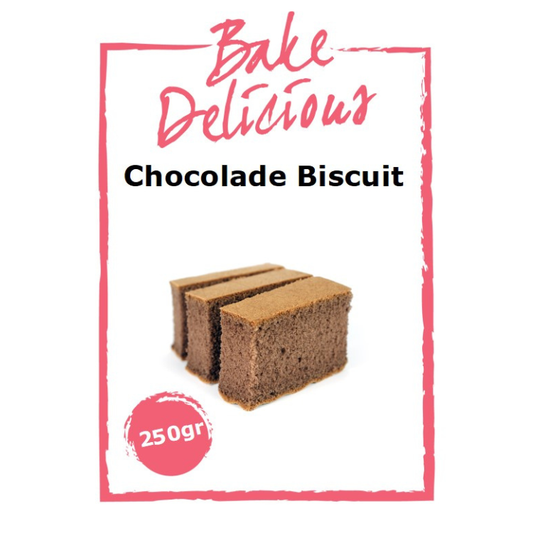 Bake Delicious Chocolade Biscuitmix 250 gram in witte verpakking met drie plakken chocoladebiscuit