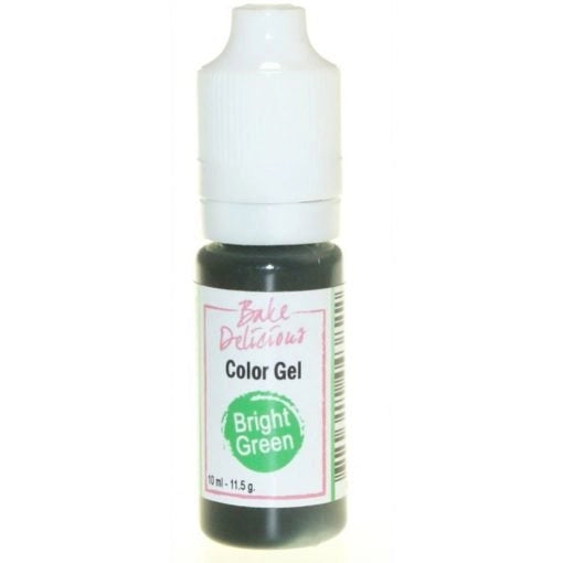 Bake Delicious Color Gel Bright Green, flesje heldergroene voedingskleurstof gel van 10 ml voor het kleuren van royal icing, fondant en koekjesdeeg