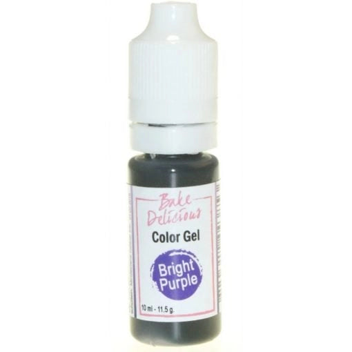 Bake Delicious Color Gel Bright Purple, flesje helderpaarse voedingskleurstof gel van 10 ml voor het kleuren van royal icing, fondant en koekjesdeeg