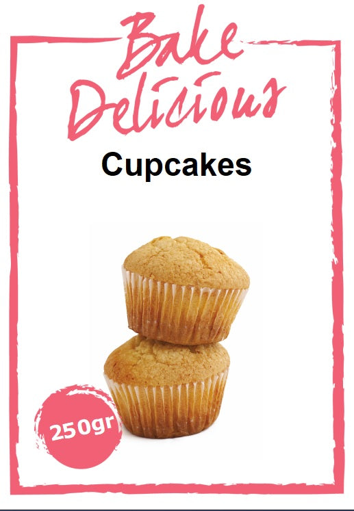 Bake Delicious Cupcakemix 250 gram in witte verpakking met afbeelding van twee cupcakes