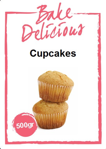 Bake Delicious Cupcakemix 500 gram in witte verpakking met afbeelding van twee cupcakes