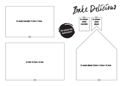 Template voor Bake Delicious Gingerbread Cookie House met uitsnijvormen voor wanden, dakdelen en schoorsteen, inclusief maten in centimeters.