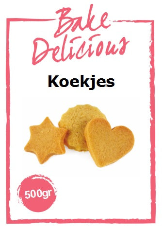 Bake Delicious Koekjesmix 500 gram in witte verpakking met drie koekjes in verschillende vormen