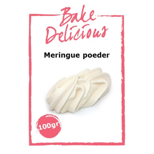 Bake Delicious Meringue Poeder 100 gram in witte verpakking met witte meringue swirl