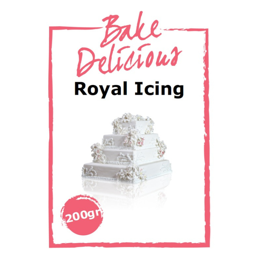 Bake Delicious Royal Icing mix 200 gram in witte verpakking met gedecoreerde taart