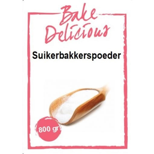 Bake Delicious Suikerbakkerspoeder 800 gram in witte verpakking met houten schep gevuld met poeder