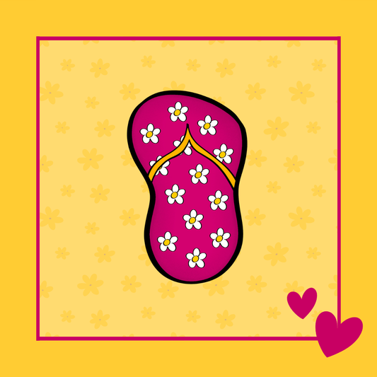 Teenslipper uitsteker van Cup of Cookies: tekening van een roze flipflop met witte bloemetjes en een geel bandje voor strand- en zomerkoekjes