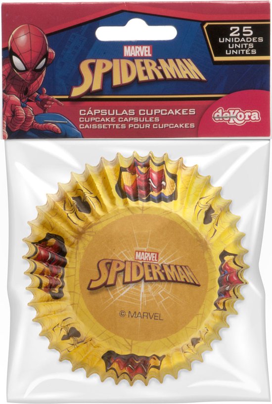 Dekora Spiderman cupcakevormpjes, papieren vormpjes met Spiderman op gele achtergrond, set van 25