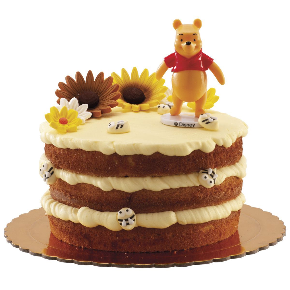DeKora Disney Winnie the Pooh taarttopper op een versierde taart met zonnebloemen en bijtjes, perfect voor een Winnie de Poeh thema feestje