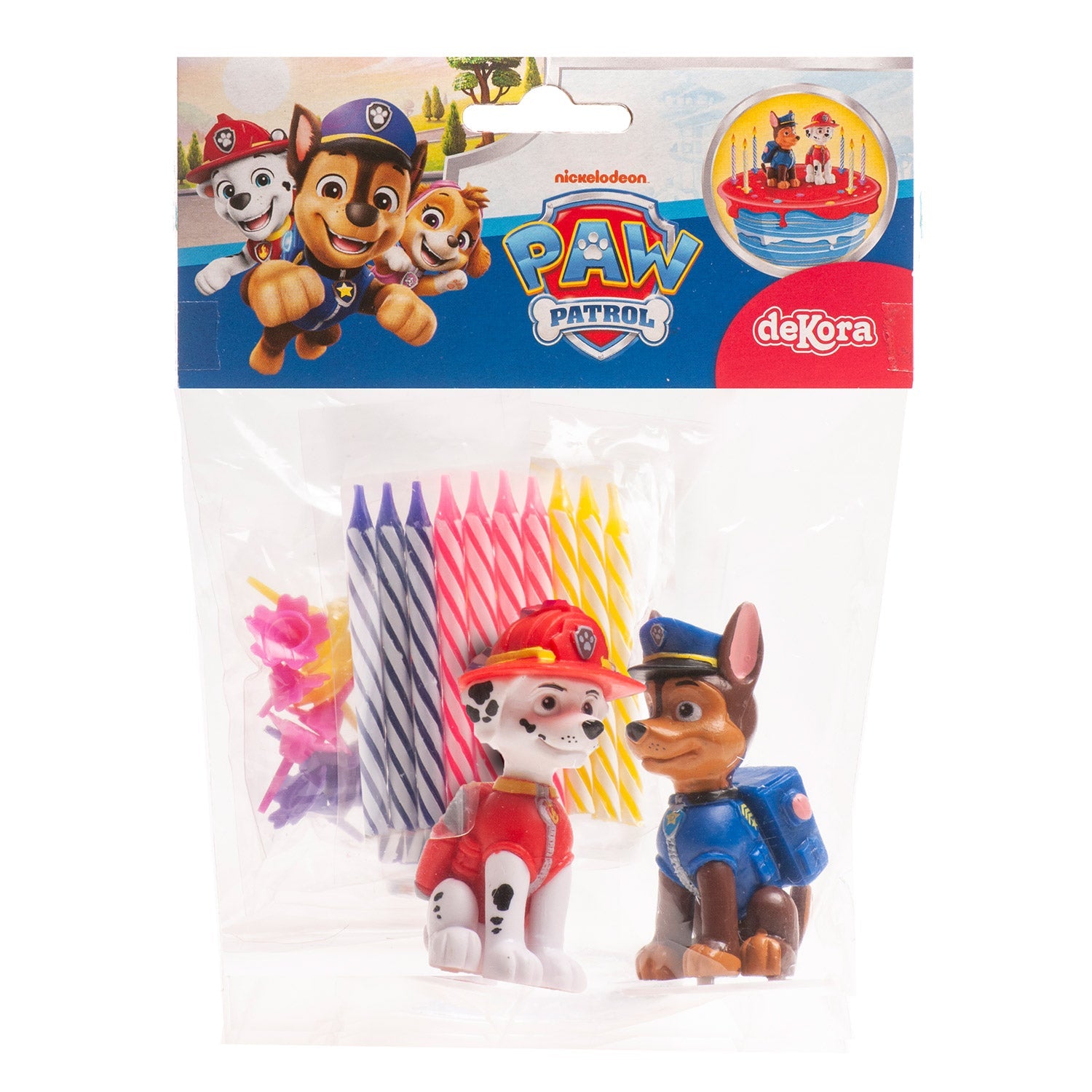 Paw Patrol taarttopper set van Dekora met figuurtjes van Chase en Marshall en 10 verjaardagskaarsjes