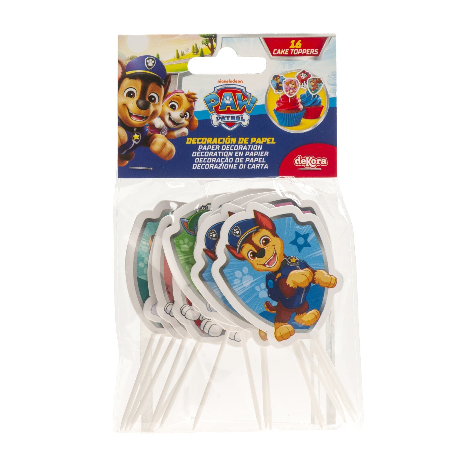 Set van 16 Paw Patrol taarttoppers op prikkers met 8 verschillende figuren voor taart en cupcakes